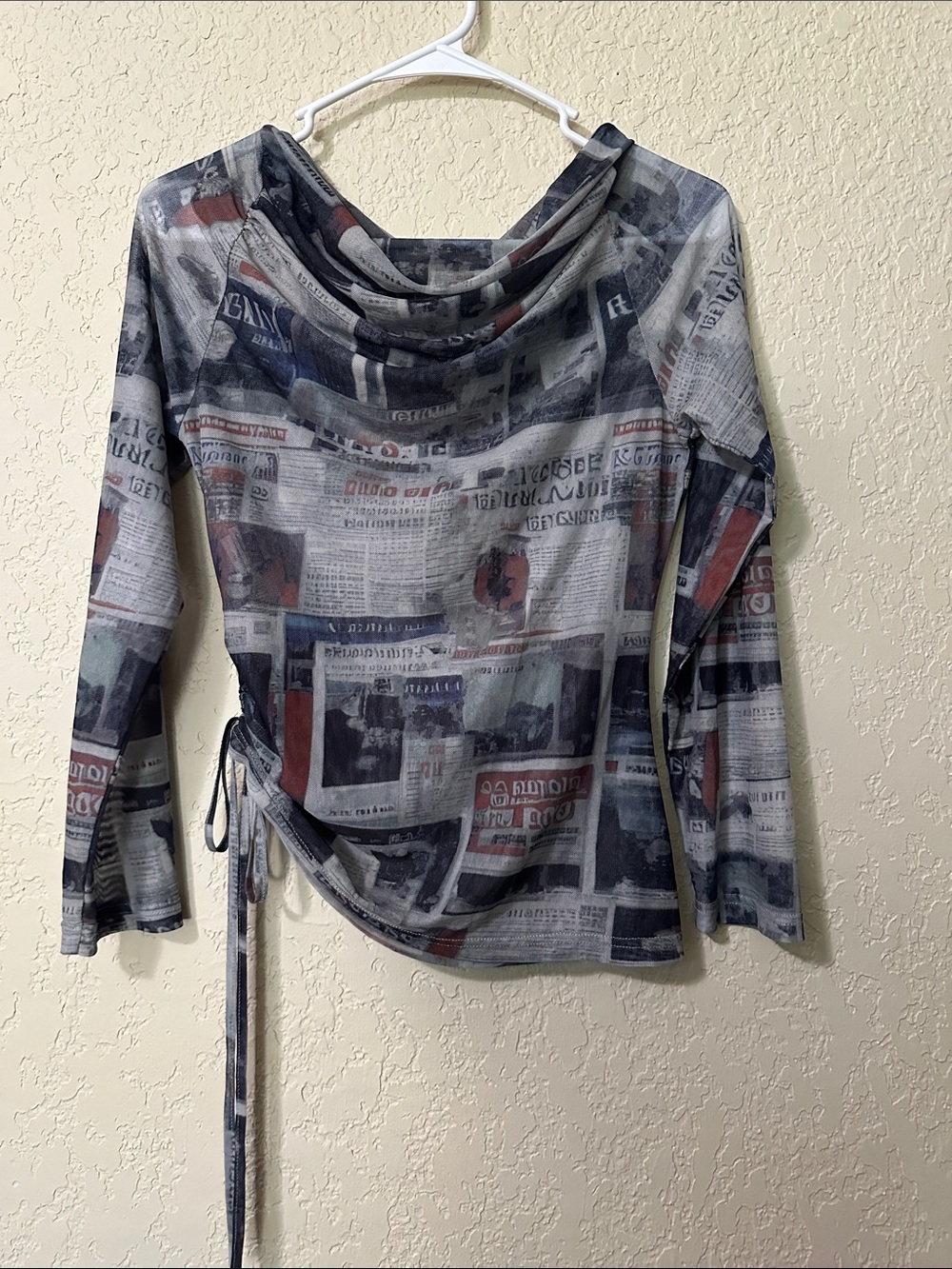 SHEIN Newspaper-Print Cowl Neck Wrap Top - Gray with Red Accents L